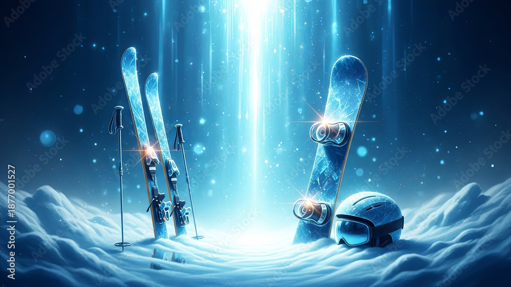 Naklejka premium Skies and snowboard in deep snow with glowing blue light, ready for winter sports concept or Christmas holiday design.