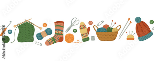 Seamless border with knitting elements. Horizontal pattern with yarn skeins, buttons, sock, mitten, crochet hook, needles, scissors, basket etc