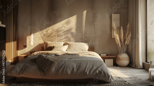 STWO style monochrome bedroom, layered tactile textures, plaster walls, linen bedding, sculptural bedside tables, soft shadows, muted beige palette, quiet luxury aesthetic, ultra realistic interior