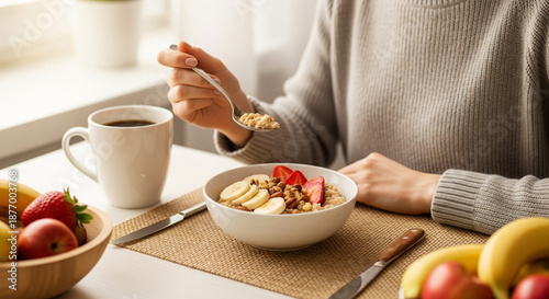 Woman eating oatmeal porridge with banana, strawberries and nuts. Healthy breakfast at the sunny morning kitchen table