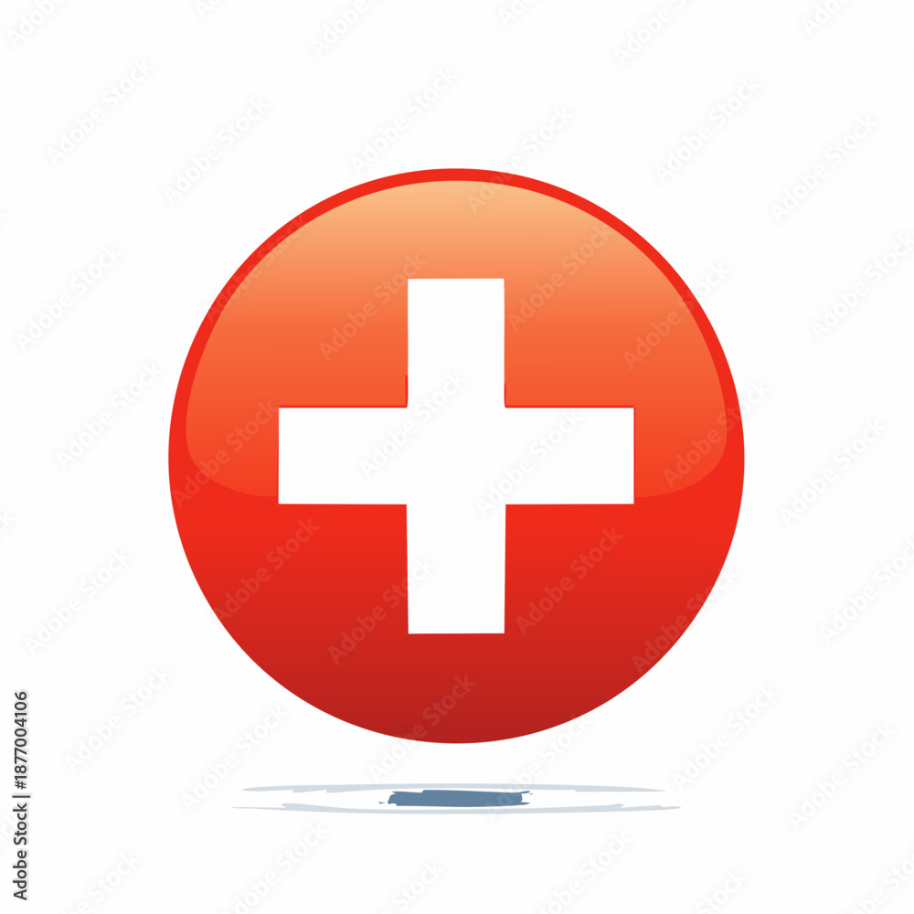Fototapeta premium Red Plus Symbol in a Shiny Button Style for Healthcare First Aid Addition Icons