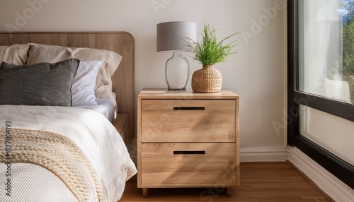 modern bedroom with a wooden nightstand on the left side of the bed the nightstand is made of light colored wood and has a small plant in a vase on top