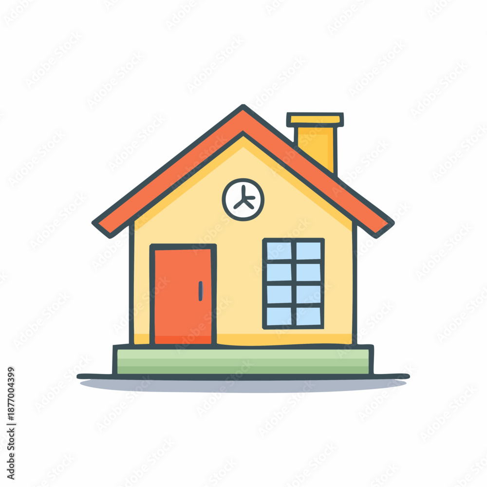 Fototapeta premium Illustration of a simple house with a chimney, a clock, a door and a window with blue frames