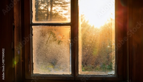 sunlight streaming through an old slightly dirty window with frosted glass highlighting dust particles and creating a warm nostalgic atmosphere indoors