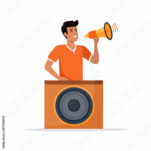 Man with Megaphone Behind Speaker Box Announcing Information Or Important News