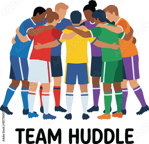 Group of diverse soccer players in colorful jerseys standing in a team huddle, demonstrating unity and teamwork, vector illustration isolated on white background.