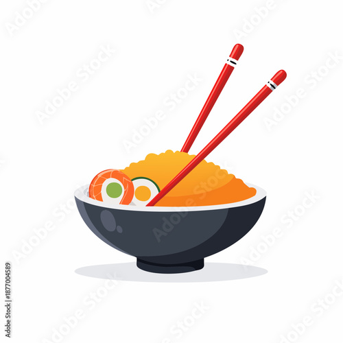 Bowl filled with rice, sushi and vegetables served with red chopsticks for food delivery menu