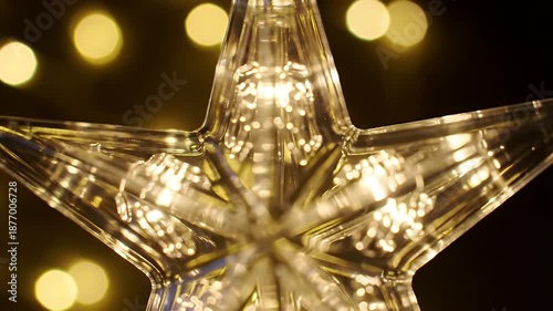 Close-up of a glowing star-shaped decorative string light with warm golden bokeh in the background