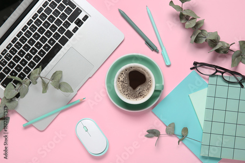 Cup of coffee with laptop, ...