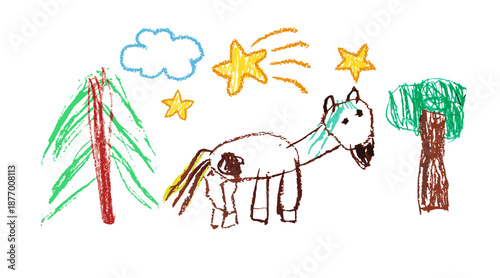 Children's drawing of a horse. Cute horse for kids doodle hand drawn icon. symbol of the year 2026. Hand drawn. Not AI, vector illustration.