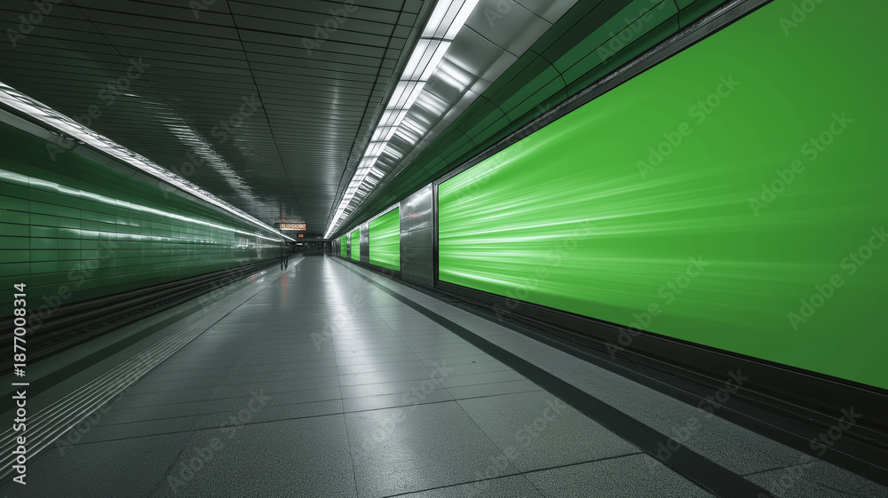 Fototapeta premium A green screen wall is set up within a subway tunnel.