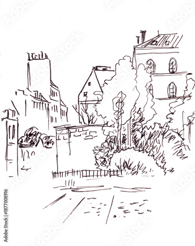 Paris, France, graphic monochrome travel sketch on white background