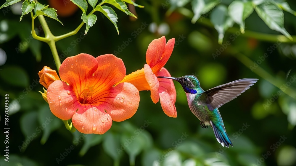 Naklejka premium A hummingbird in mid-air, sipping nectar from vibrant orange flowers amidst lush green foliage, captured from a close-up viewpoint.