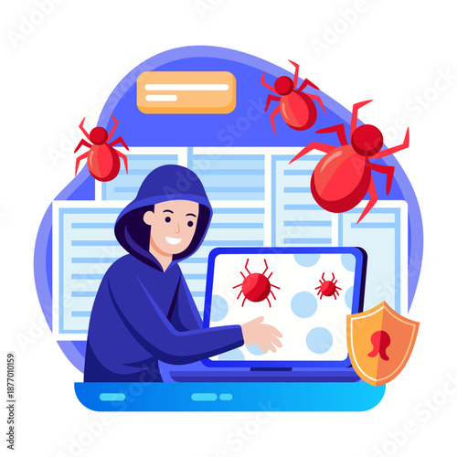 A flat style illustration showing malware system