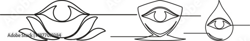 Abstract single stroke line modern illustration of a set featuring lotus, shield, and drop eyes