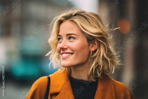 Confidently smiling young blonde woman glancing to the side on the street