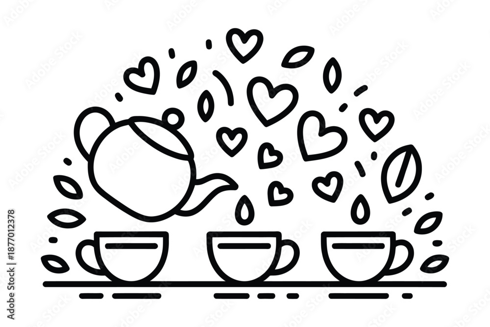 Obraz premium Tea time illustration with teapot and cups surrounded by hearts
