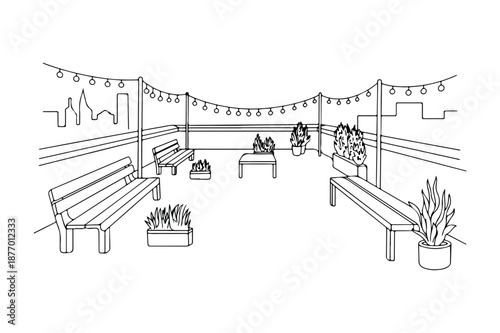 Outdoor rooftop terrace lounge with benches and string lights