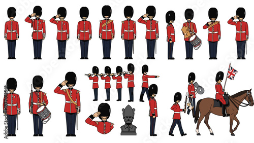 Various british guardsman poses and actions in red uniforms