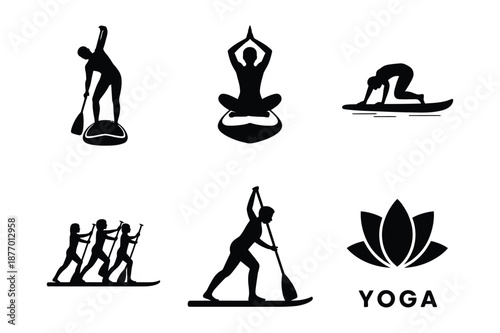 Stand Up Paddleboard and Yoga Wellness Silhouette Icon Set