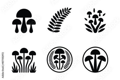 Forest Mushroom and Fern Botanical Silhouette Icon Collection