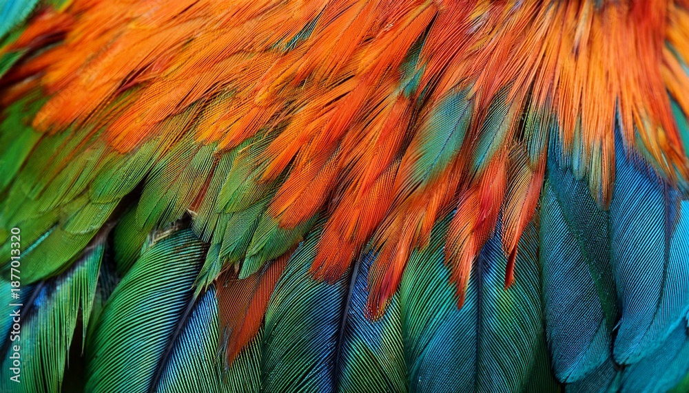 Fototapeta premium Close Up Vibrant Iridescent Green Blue And Orange Rooster Feathers Texture