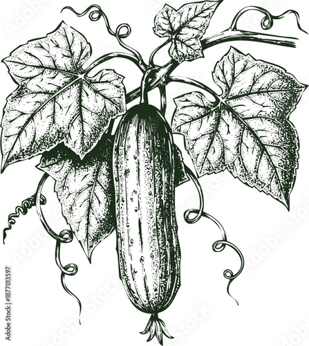 Detailed vintage engraving illustration of a cucumber hanging from a vine with leaves and tendrils
