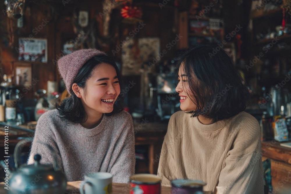 Fototapeta premium Joyful Asian female friend gathering in a warm home