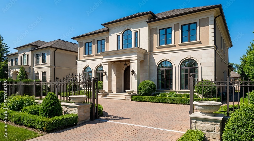 Obraz premium Modern Neo-Classical Luxury Home with White Stone Facade and Manicured Hedge Landscaping