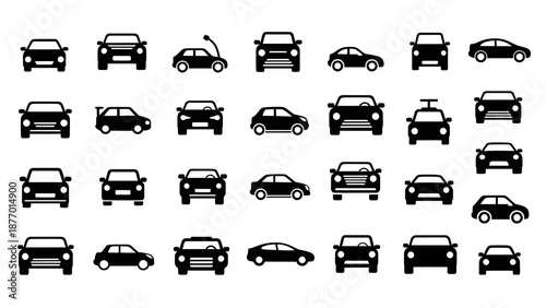 Set of 30 Black Car Vehicle Icons Vector