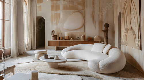 STWO style living space with statement sculptural sofa, tactile upholstery, low profile furniture, layered rugs, warm neutral tones, refined minimalism, luxury editorial interior photography