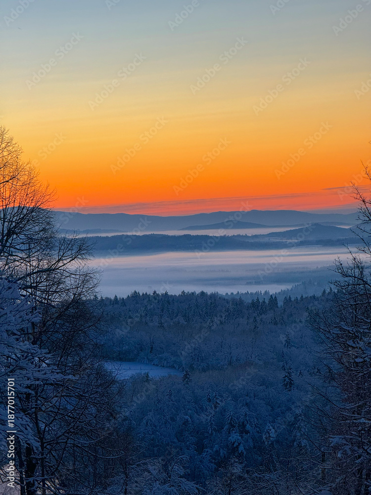 Naklejka premium Soft morning light glows above a foggy valley as snowy forests stretch toward distant hills. Contrast between warm sunrise colours and cool winter tones creates a serene and timeless winter landscape.