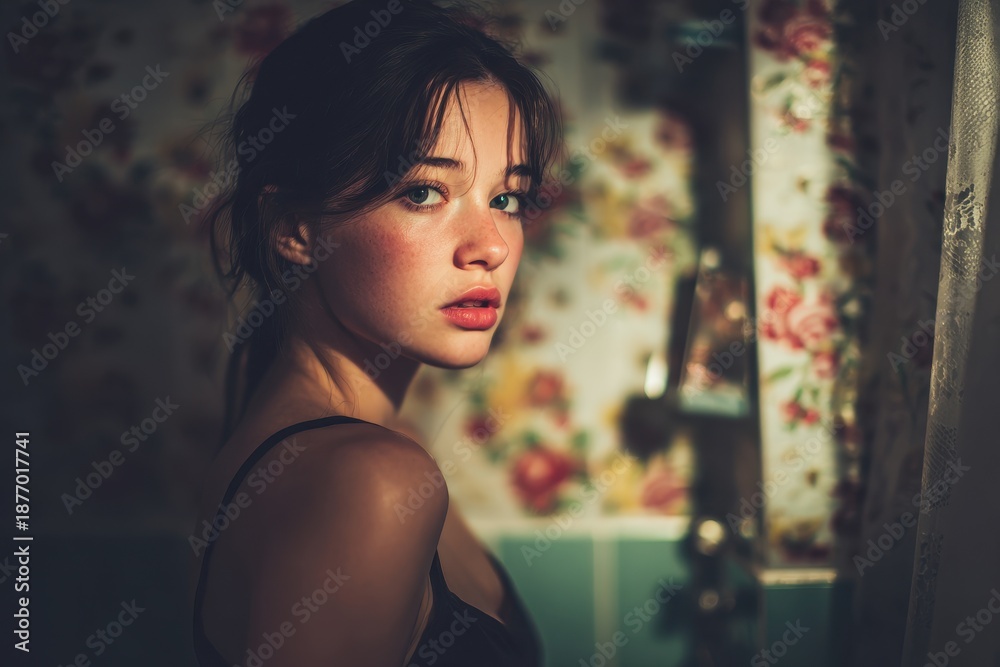 Naklejka premium Young attractive woman in restroom