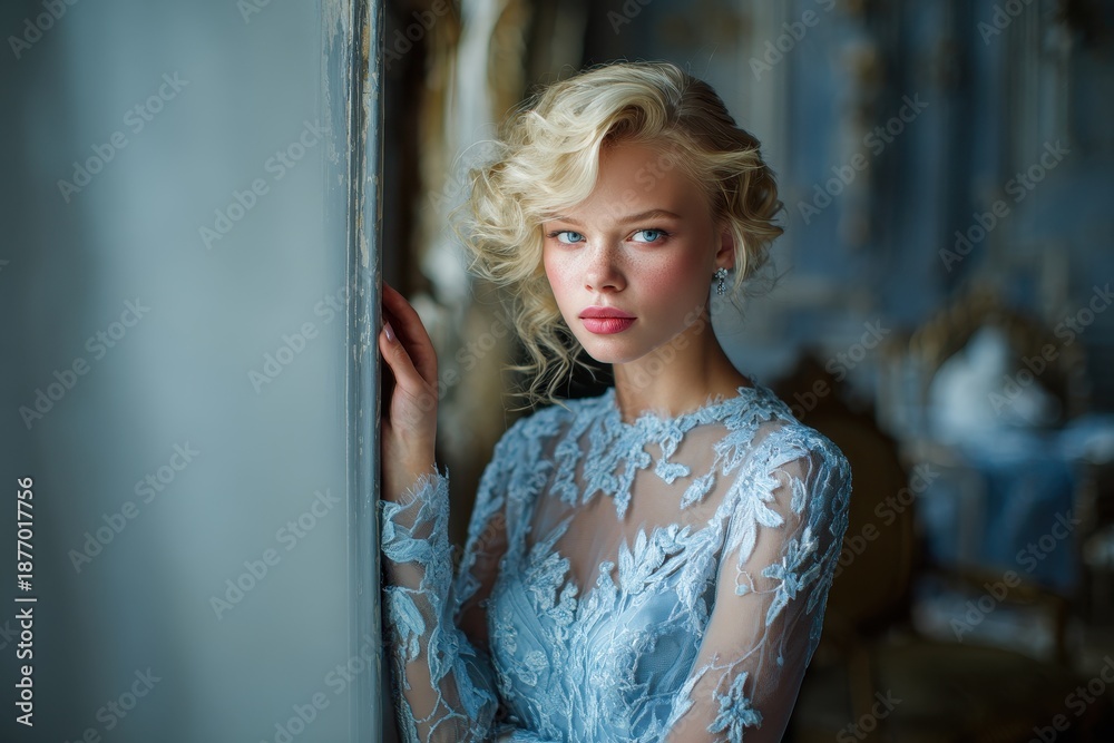 Fototapeta premium Young blonde bride in a light blue gown stylish portrait indoors