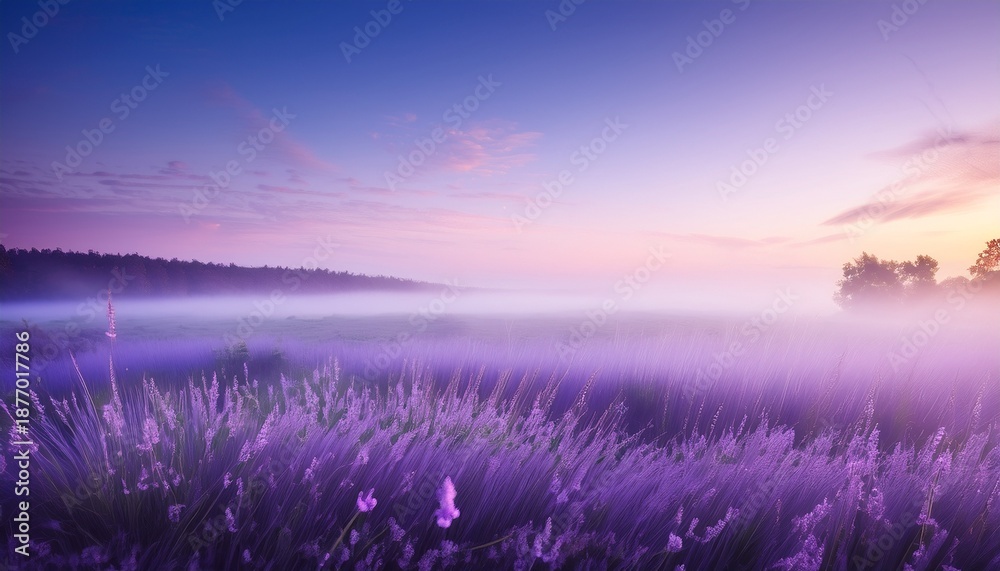 Obraz premium A Peaceful Meadow At Dawn With Soft Mist Left Empty Space Light Lavender Background Generative Ai Illustration
