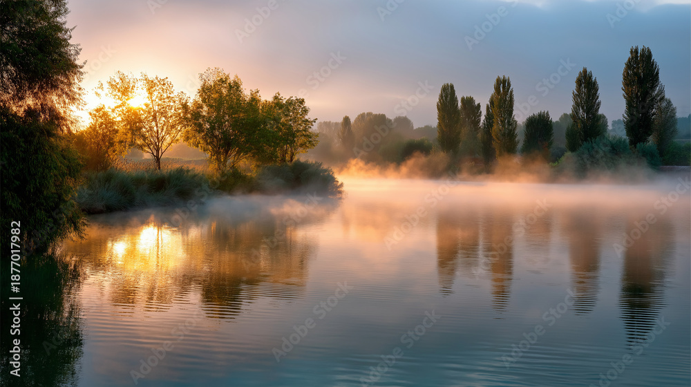 Obraz premium Foggy morning atmosphere on peaceful lake creating serene meditation environment, misty water landscape, tranquil nature scene, contemplative setting, mindfulness visualization, wi