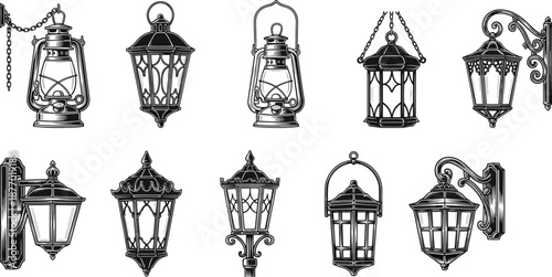 Vintage lantern and street light collection in engraved style, decorative outdoor lighting set isolated on white background