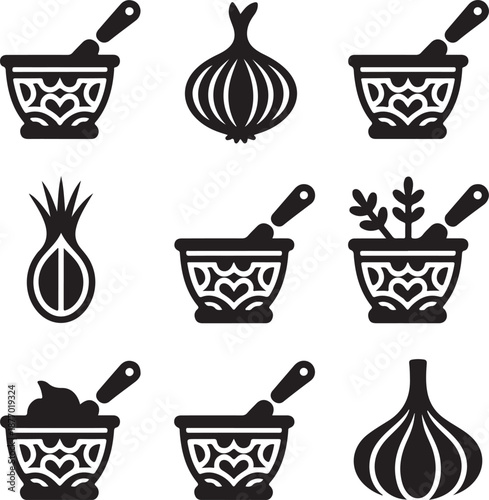 Cooking icons, mortar pestle, onion vegetable, garlic clove, herbal spice, food preparation, grinding bowl, kitchen ingredient