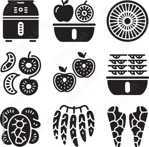 Food icons, fruit dehydrator, air fryer, dried snack, apple slice, healthy eating, preservation machine, kitchen appliance