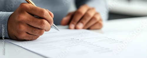 Close-up of hands writing on a form, implying an important decision or agreement. Document, Business, Legal, Writing, Pen, Form