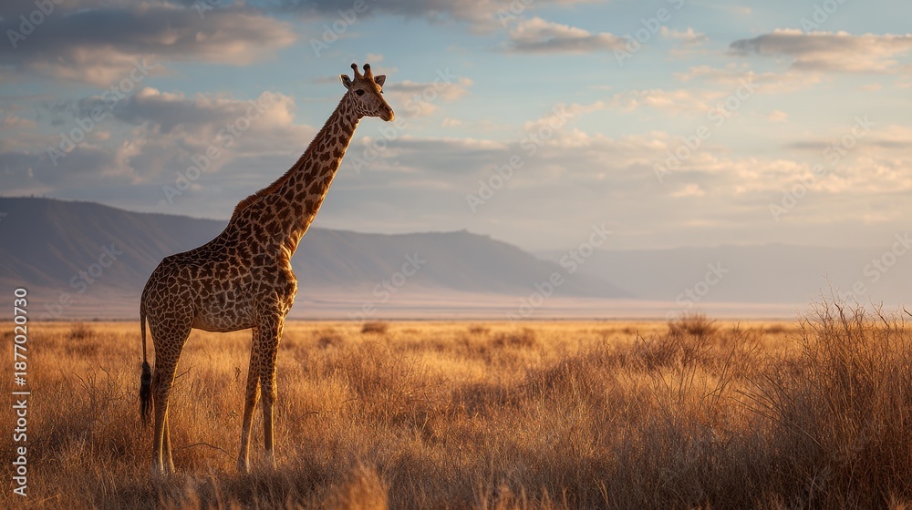 Obraz premium Captured during a safari this regal giraffe towers over the golden savannah its patterned fur shining in the sun a beautiful symbol of African wildlife and adventure