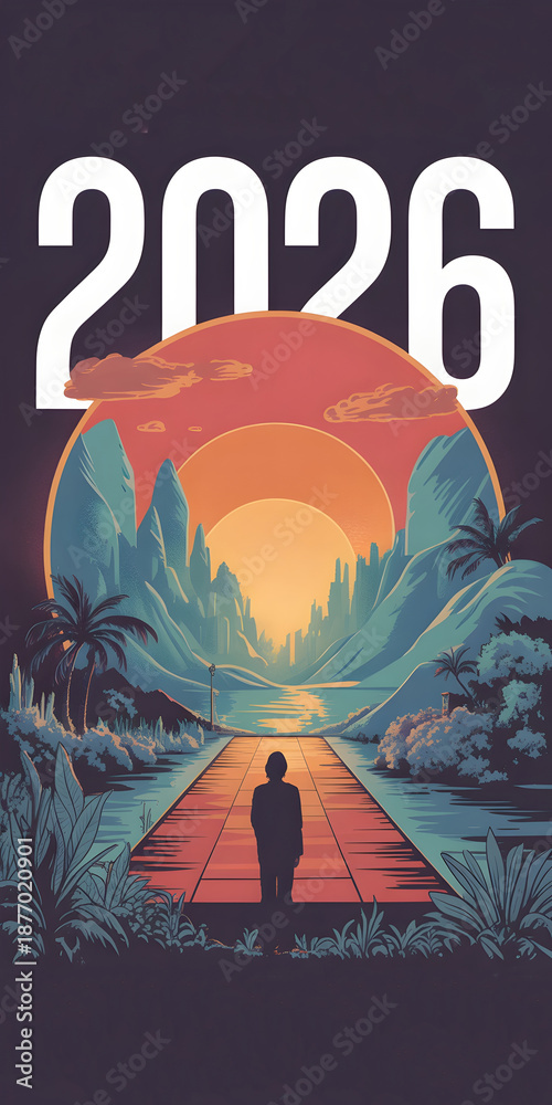 Fototapeta premium Retro-Futuristic 2026 Landscape Illustration with Silhouette and Sunset