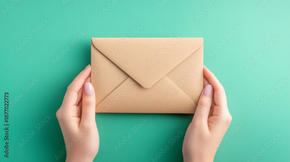 Fototapeta premium Top View of Hands Holding Kraft Paper Envelope on Teal Background, Communication Concept, Stationery, Message, Post, Mail, Sending