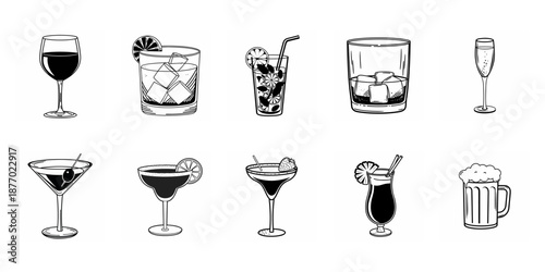 Alcohol Drinks and Cocktails Line Icons Set, Minimal Black Outline Vector, set of glasses, thin stroke, vector illustration, isolated on white background, modern minimal linear style