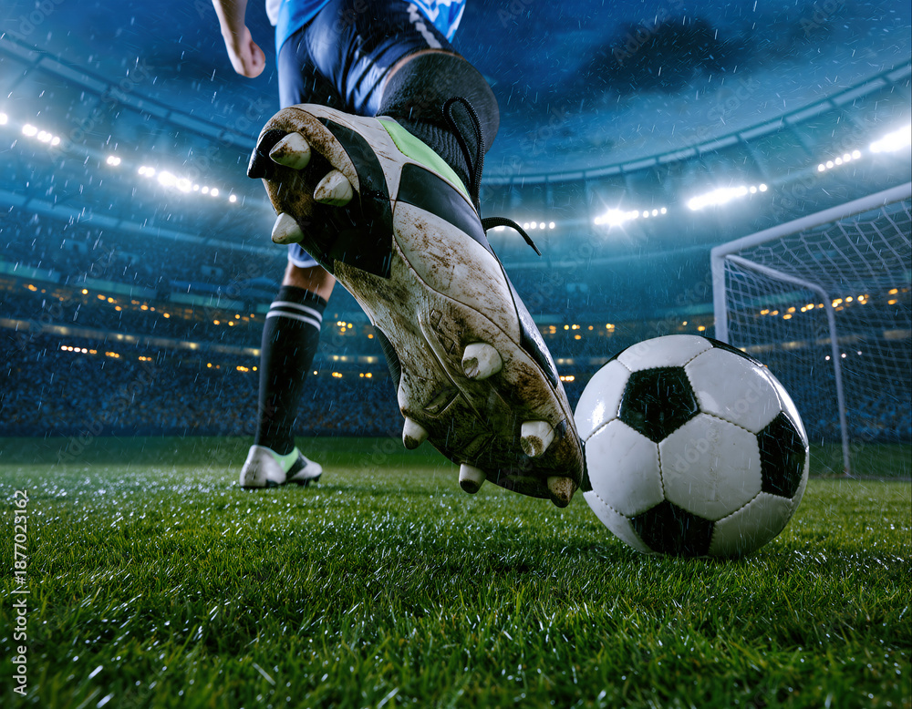 Fototapeta premium Exciting soccer match happening at a nighttime stadium with rain and intense atmosphere