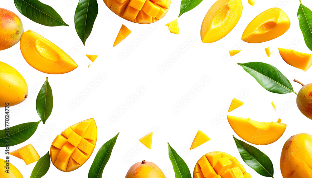 Obraz premium An overhead shot showcases a vibrant display. Ripe, golden mangoes and leaves frame a black negative space. Sections and whole fruits are scattered