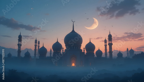 Wallpaper Mural Beautiful Mosque Silhouette Under a Crescent Moon at Twilight with Misty Background Torontodigital.ca