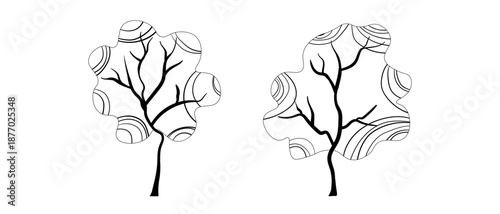 Set of trees. Isolated black and white icons on white background. Spring tree for your design. Vector symbol sign. Plants, landscape design. Eco idea concept.