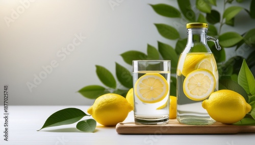 Sustainable Healthy Lifestyle With Lemon Water In Glass Bottle Glass Bottle And Glass Of Fresh Lemon Water On A White Table With Natural Lemons And Green Leaves