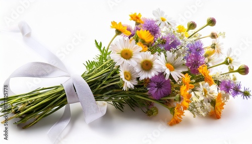 Bunch Of Meadow Flowers With White Ribbon Isolated On A White